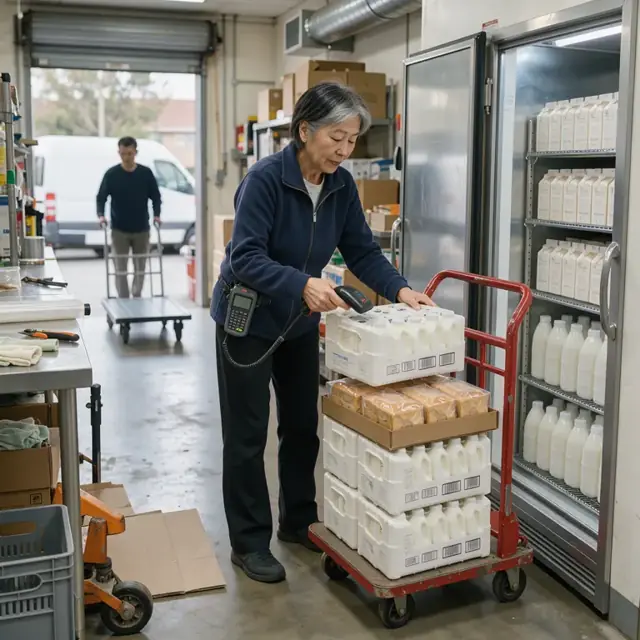 a worker in a convenience store back room scanning cases of milk and bread from a delivery dolly next to an open walk-in cooler