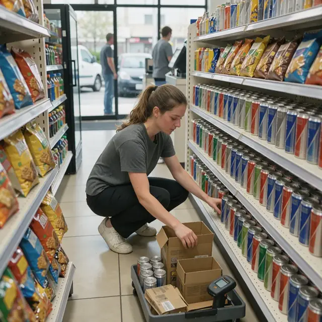 a worker stocking shelves with rows of energy drinks and snack bags in a brightly lit convenience store aisle