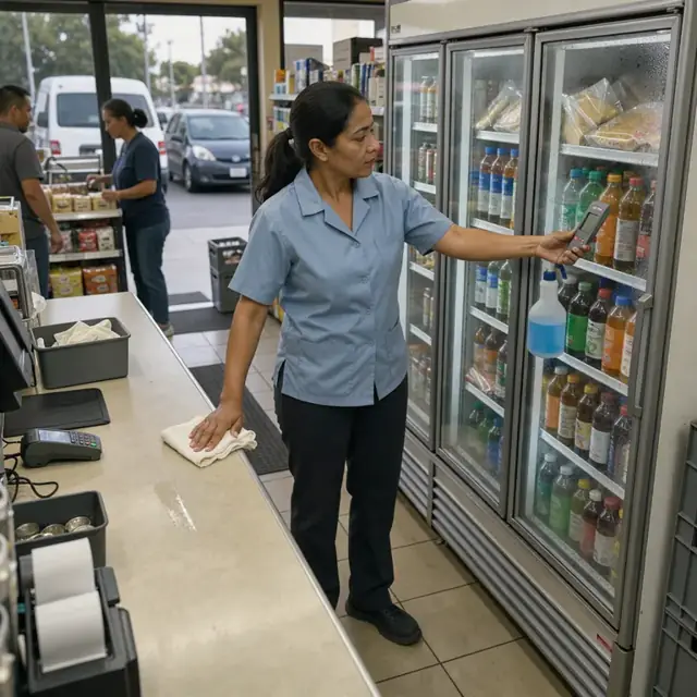 a worker wiping down a convenience store counter while checking a digital thermometer in a glass door cooler