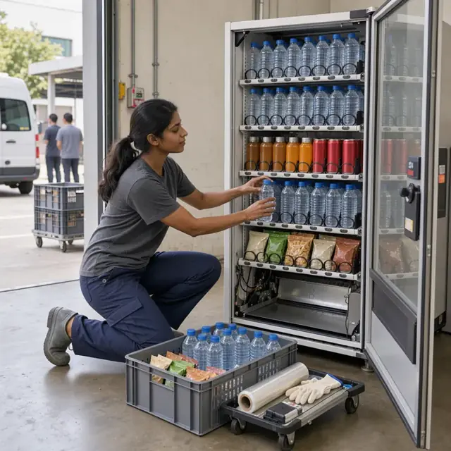 a worker arranging bottles of water, energy drinks and packaged snacks on the shelves inside an open vending machine
