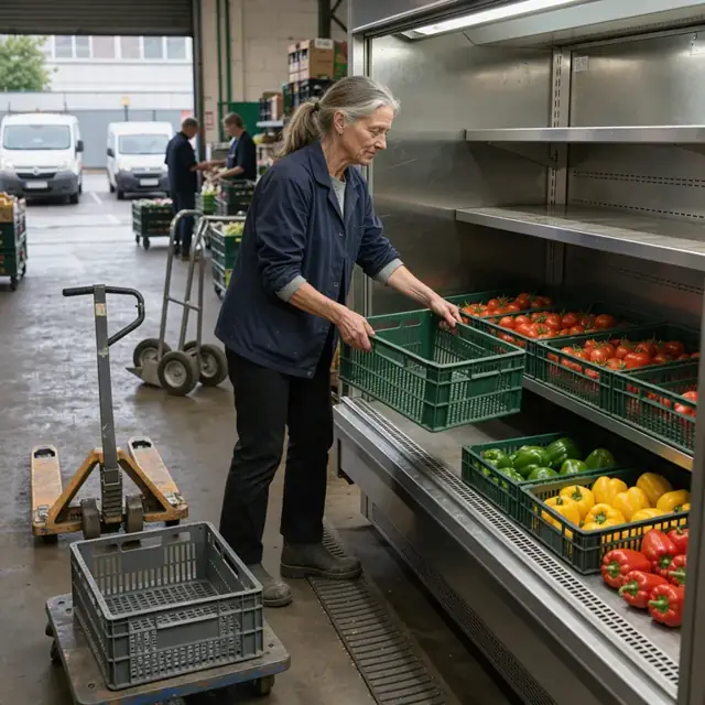 a worker rotating crates of tomatoes and bell peppers inside a refrigerated display case