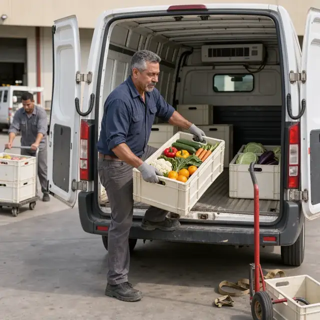 a worker loading insulated crates of mixed produce into the back of a refrigerated van