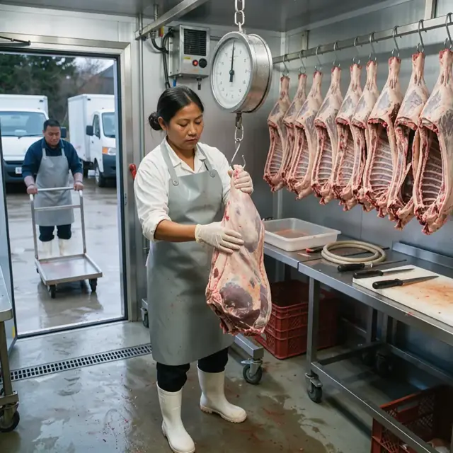 a butcher weighing a large pork shoulder on a hanging scale inside a walk-in cooler lined with hanging carcasses