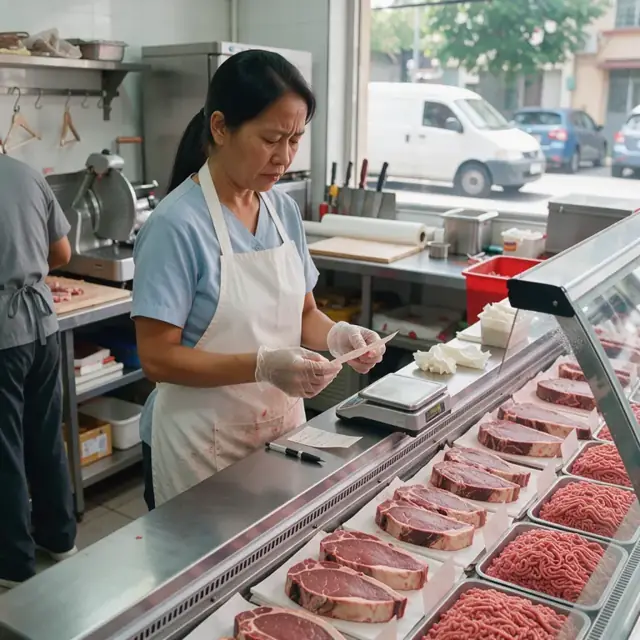 a butcher counter with a worker reviewing handwritten cut tickets next to a display case of fresh steaks and ground meat trays