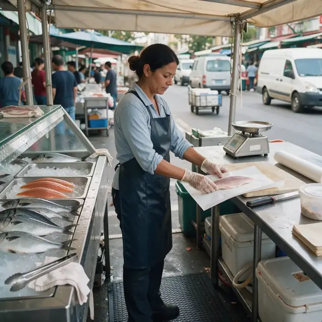 a worker in apron standing at a seafood counter scale wrapping a fillet in white paper beside an ice-filled display