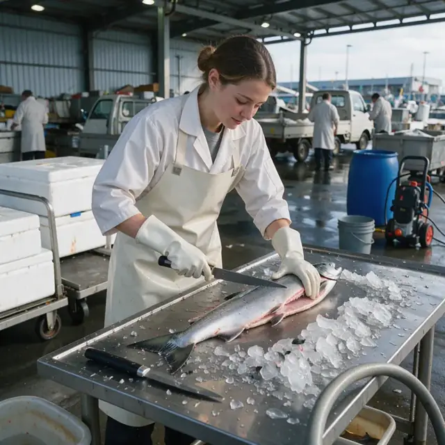 a worker in white coat and gloves filleting a large salmon on a stainless steel table surrounded by ice