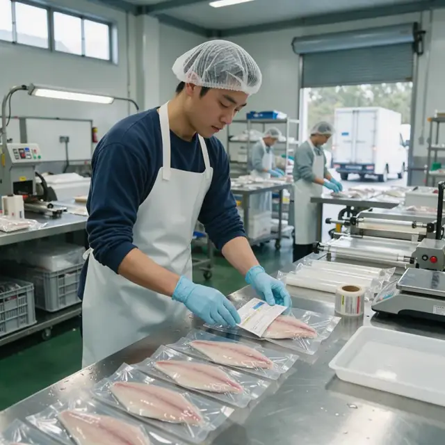 a worker attaching printed labels to packaged fish fillets at a stainless steel wrapping station under bright lights