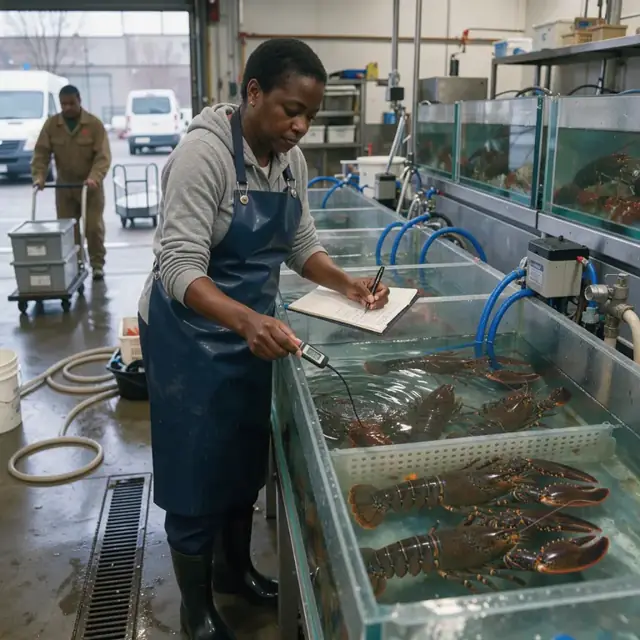 a worker checking water temperature in a live lobster tank with a digital probe while jotting notes on a waterproof pad