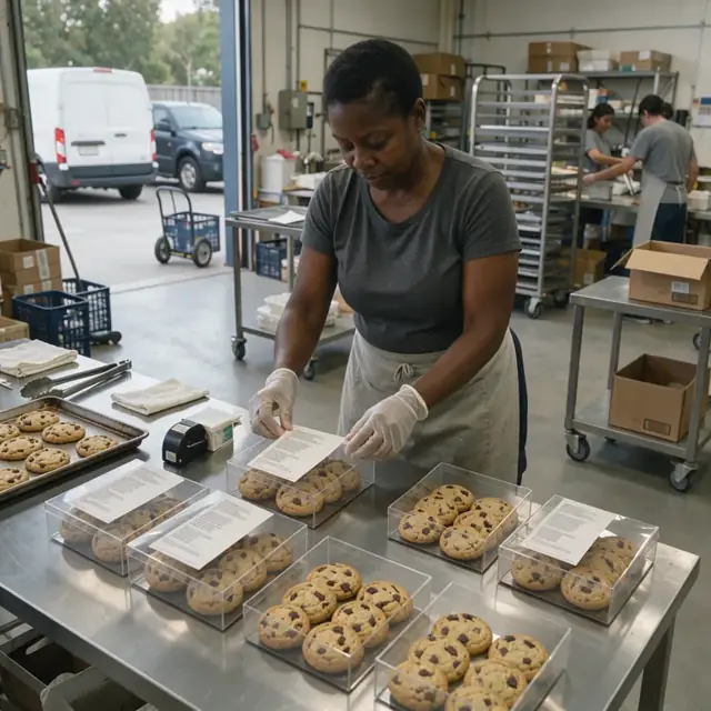 a worker attaching printed labels to clear bakery boxes filled with cookies on a stainless steel table