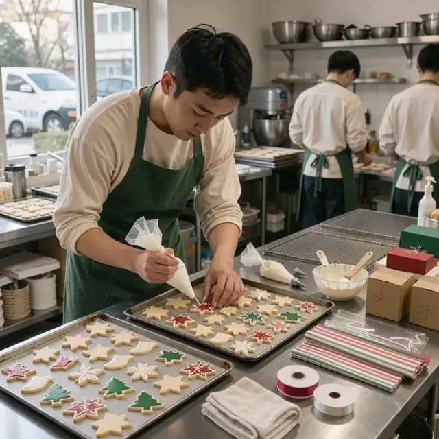 a baker decorating holiday cookies with icing on trays in a kitchen filled with festive packaging materials