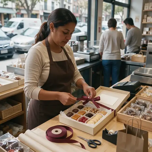 a person packaging a completed gift box of assorted confections with ribbon and a card at a retail counter