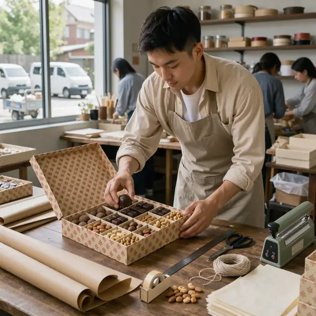 a person carefully placing assorted chocolates and nuts into an open decorative gift box on a wrapping table