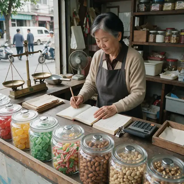 a wooden counter displaying rows of glass jars filled with colorful candies and nuts while order forms sit beside an open notebook