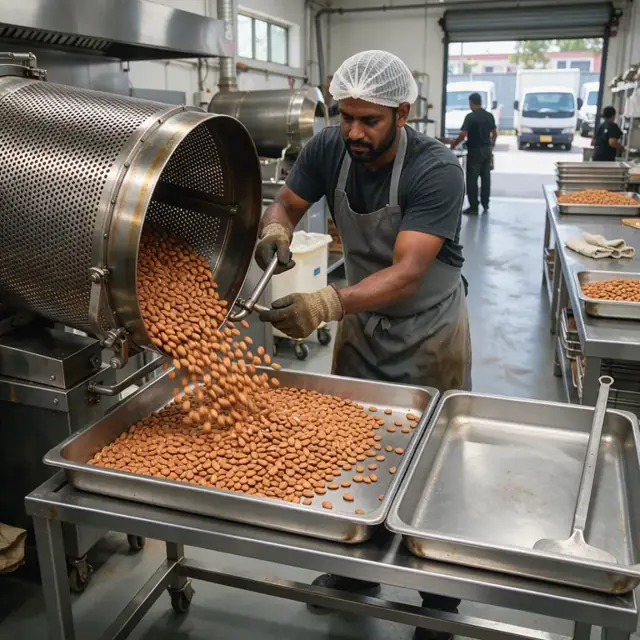 a person pouring roasted almonds from a large perforated drum roaster into cooling trays in a commercial kitchen