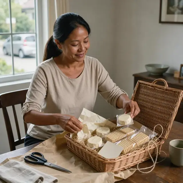 a customer opening a delivered gift basket containing cheeses, crackers and a small card on a dining table