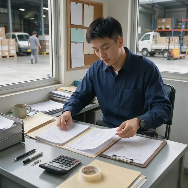 a worker at a desk organizing temperature log sheets and permit documents next to a clipboard in the back office