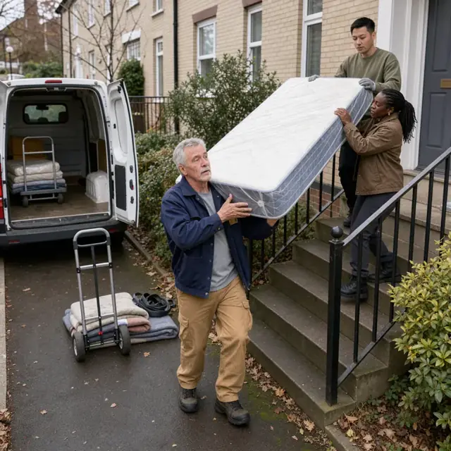 a delivery team carrying a large wrapped mattress up the exterior stairs of a residential building