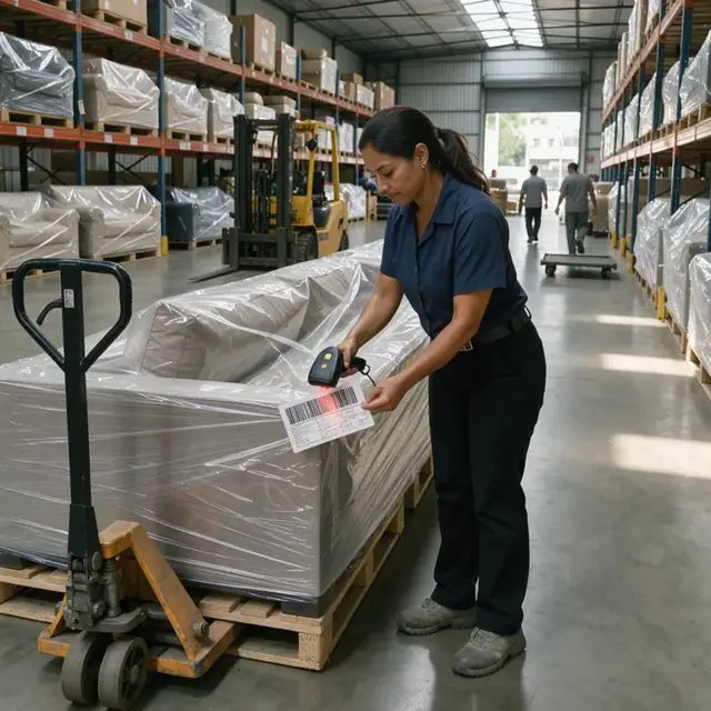 a worker scanning barcodes on wrapped sofas inside a large warehouse aisle with tall metal shelving