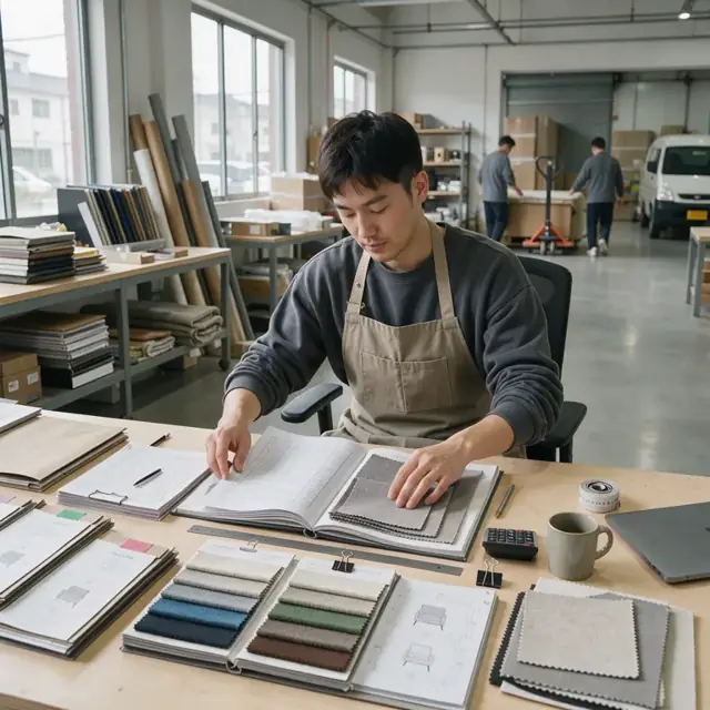 a worker at a desk arranging product catalogs, fabric books and printed specification sheets for multiple furniture orders