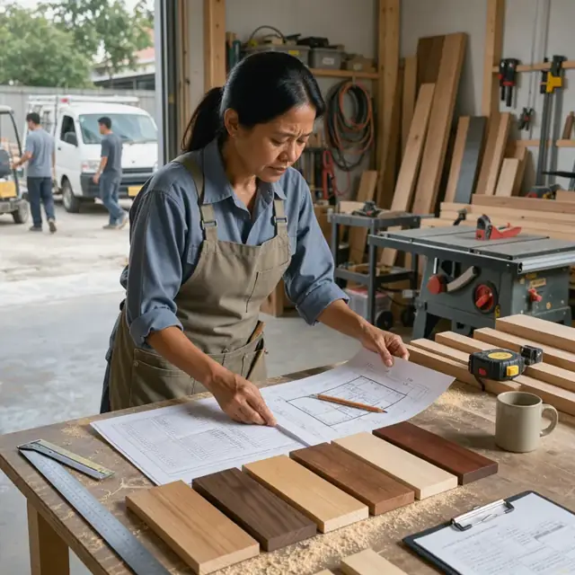 a worker reviewing building permit documents and product specification sheets at a workbench with hardwood samples nearby