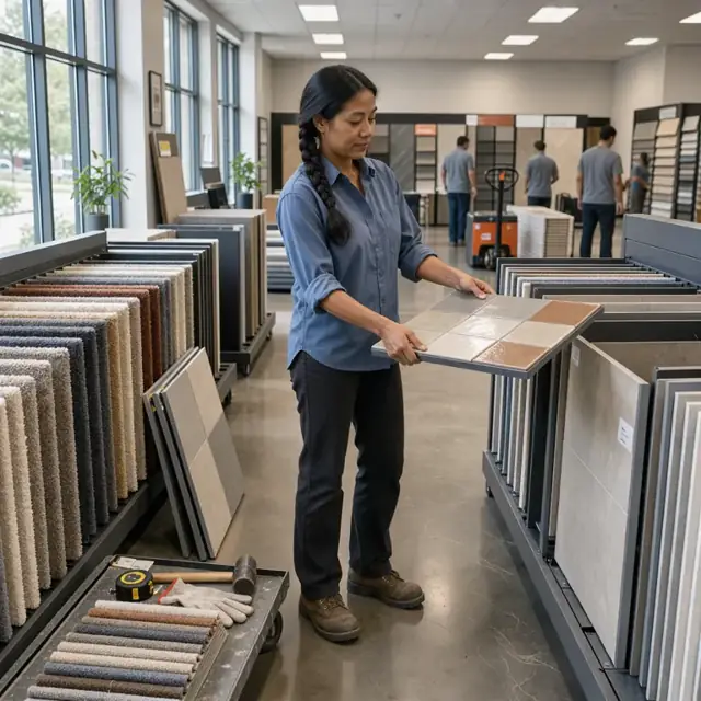 a worker organizing carpet and tile sample boards on display racks in a brightly lit showroom