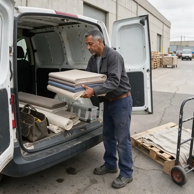 a worker loading folded drapery panels and a tool bag into the back of a service van outside a warehouse