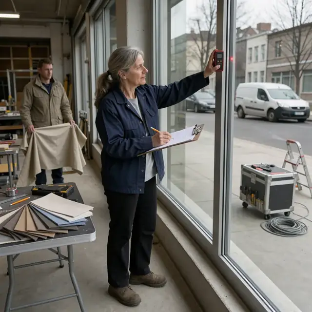 a worker using a laser measure on a large window while noting dimensions on a clipboard with fabric samples nearby