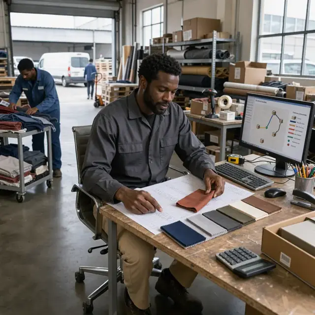 a worker reviewing order forms and fabric samples spread across a desk with a computer showing shipment tracking