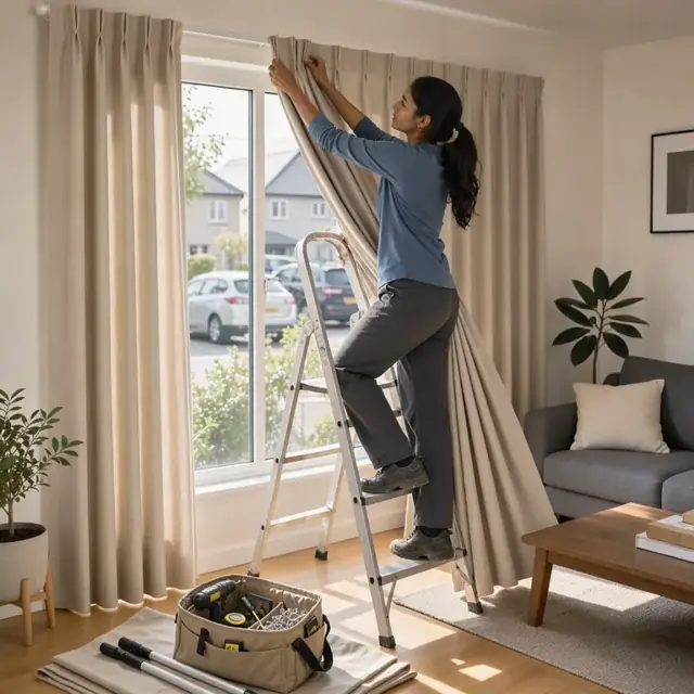 a worker hanging a new set of finished curtains on a residential window with sunlight streaming through