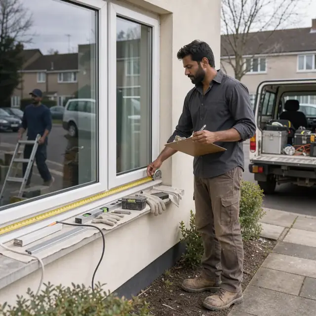 a worker holding a metal tape measure against a large residential window while noting dimensions on a clipboard