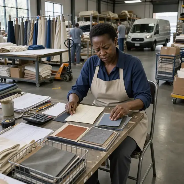 a worker comparing fabric order confirmations against sample swatches at a desk covered with order forms