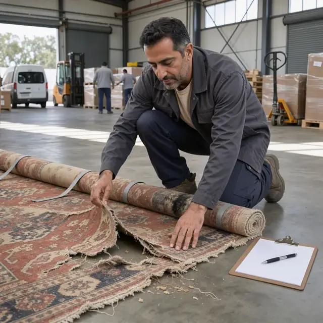 a worker inspecting a damaged rolled rug laid out on the floor of a warehouse with a clipboard nearby