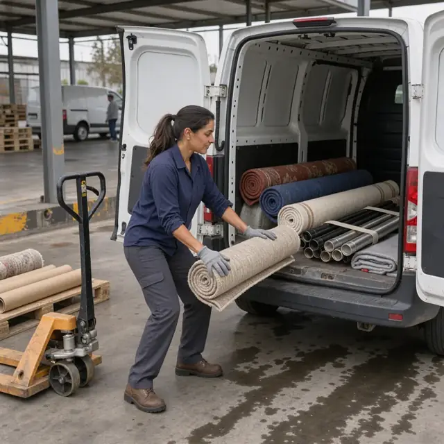 a worker loading rolled rugs and long curtain rods into the back of a cargo van at a loading dock