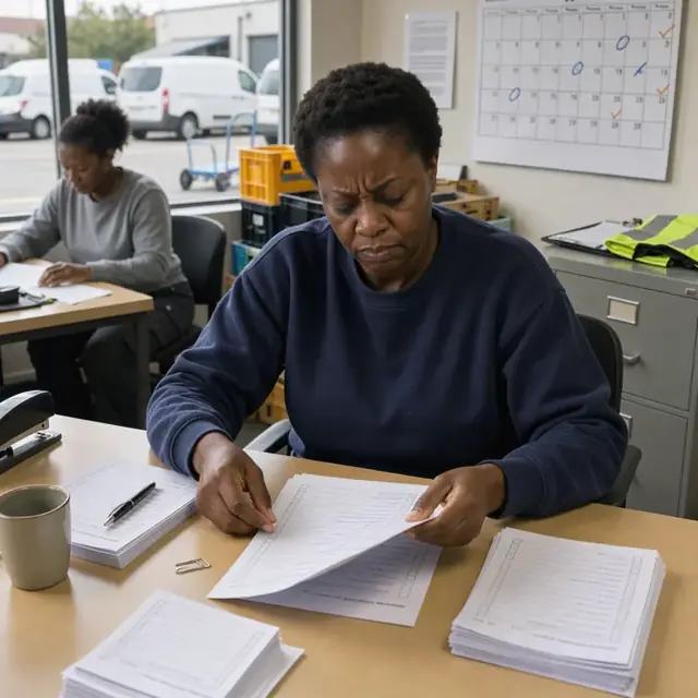 a worker at a desk reviewing customer feedback forms next to a wall calendar marked with delivery dates