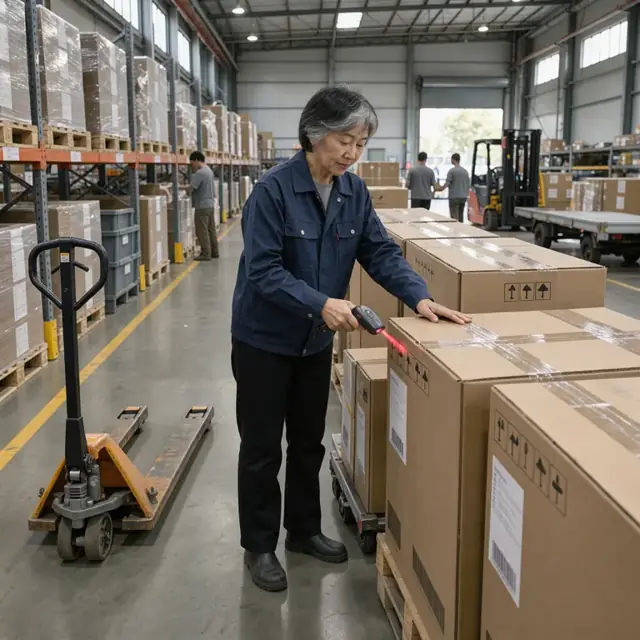 a worker scanning barcodes on television boxes stacked in an organized retail warehouse aisle
