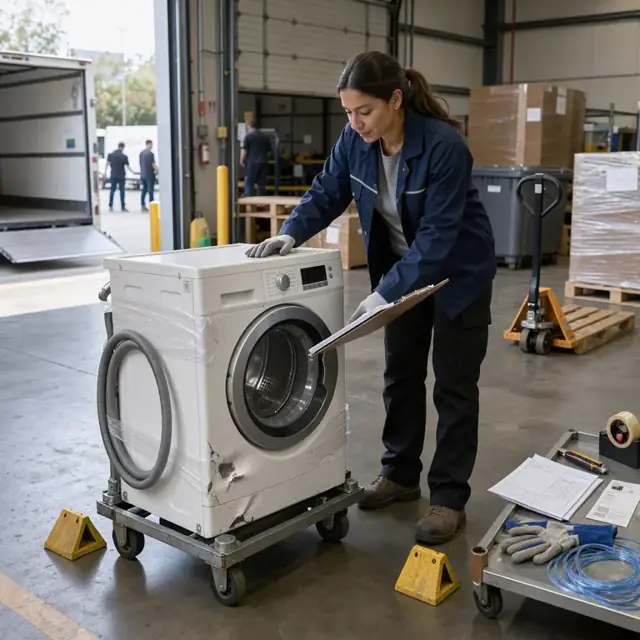 a worker in a loading bay inspecting a returned washing machine on a dolly next to disposal paperwork and shipping labels