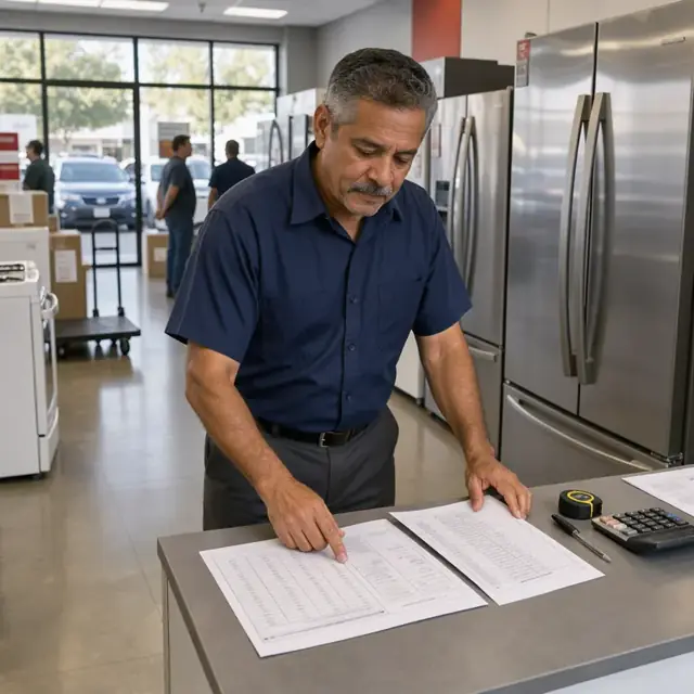 a retail sales floor with a worker at a counter reviewing product specification sheets next to a large refrigerator display