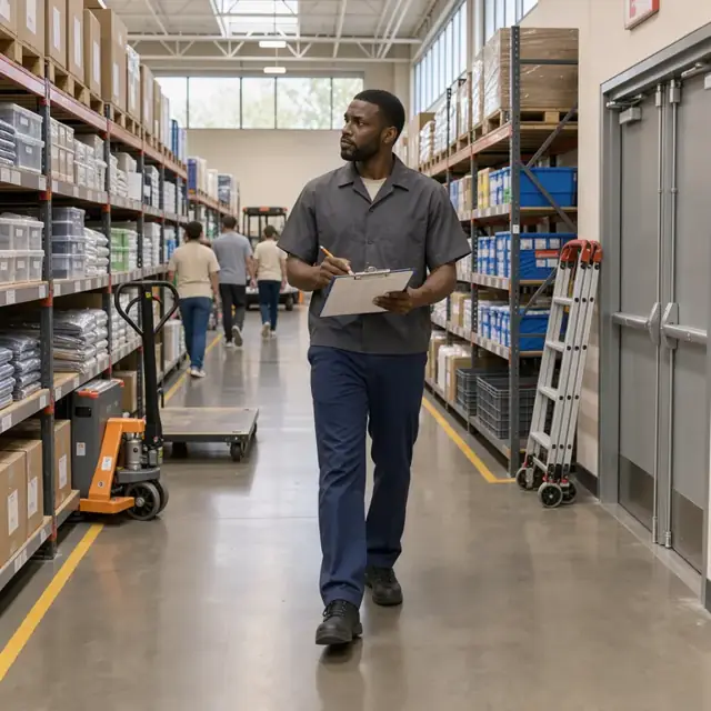 a retail associate walking a wide store aisle while carrying a clipboard and checking emergency exit doors and aisle clearances