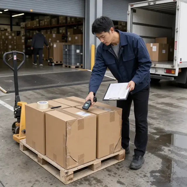 a retail associate standing at a loading dock using a handheld scanner to verify cartons on a pallet against a printed receiving report