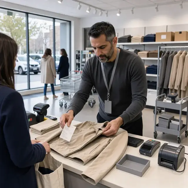 a retail associate at a customer service counter inspecting a returned garment under bright lighting while scanning a receipt