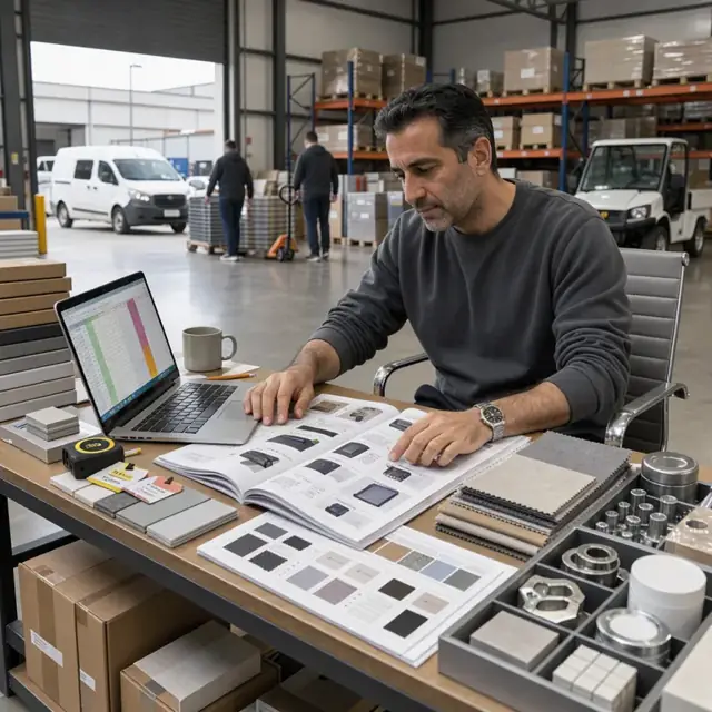 a person at a desk comparing supplier catalogs to an open spreadsheet while surrounded by stacked product samples