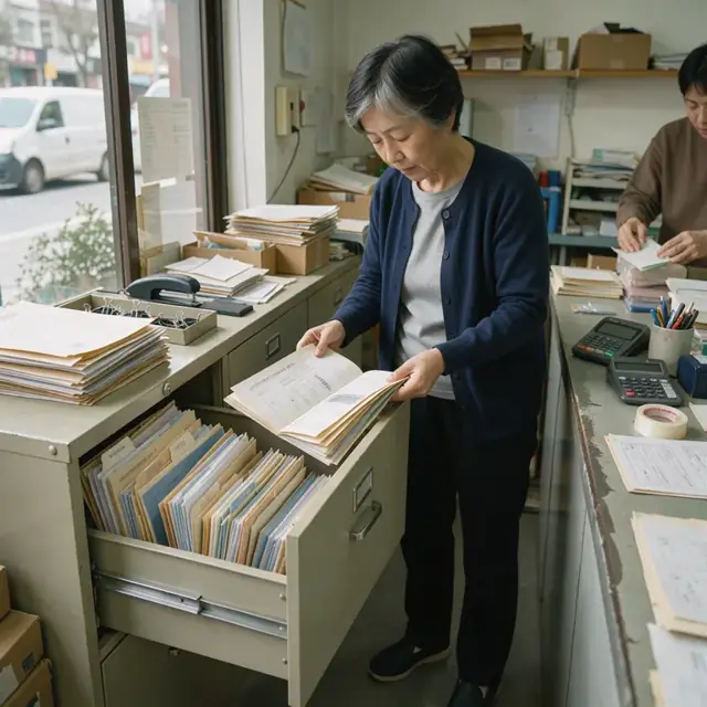 a person organizing folders of permits, tax forms and vendor certificates in a file cabinet next to a retail counter