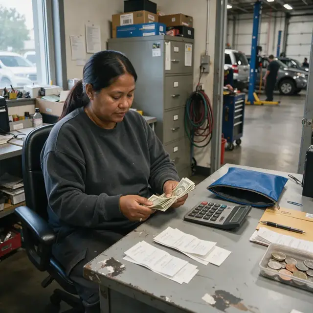 a person counting cash and receipts at a back office desk with a calculator and bank deposit bag