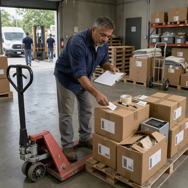 a person labeling cardboard boxes of returned merchandise on a pallet in a back room with a clipboard in hand