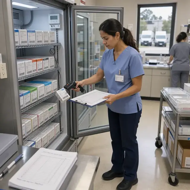 a pharmacy technician scanning barcodes on medication boxes inside a temperature-controlled refrigerator while checking against an inventory sheet