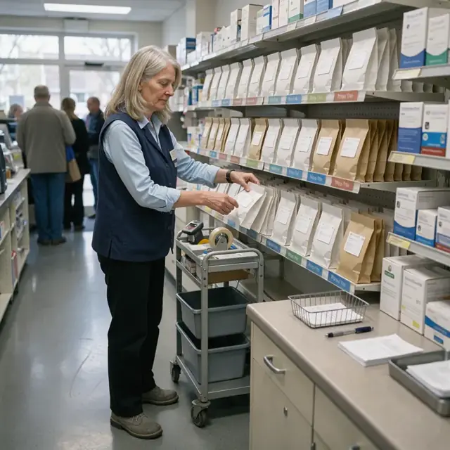 a pharmacy staff member organizing prescription bags on shelves labeled by pickup time in the will-call area