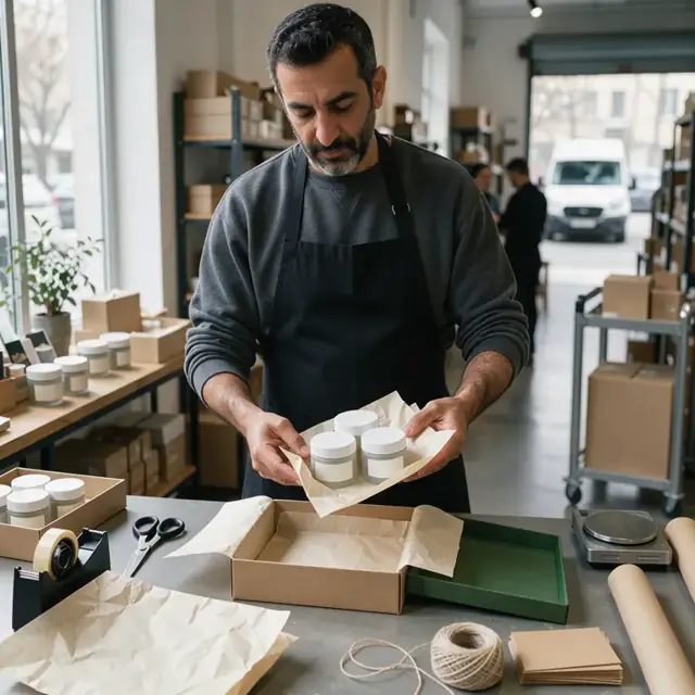 a retail worker wrapping a set of skincare jars in tissue paper and placing them into a gift box on a packing table
