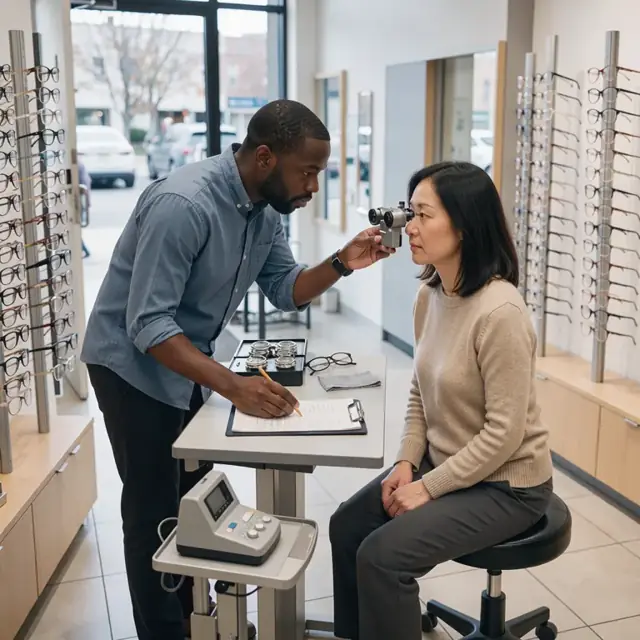 an optician using a pupilometer on a customer while noting measurements on a clipboard beside several frame display racks
