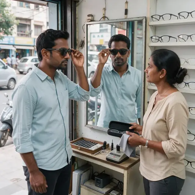 a customer trying on new sunglasses in front of a mirror while an optician stands nearby holding a cleaning cloth and case