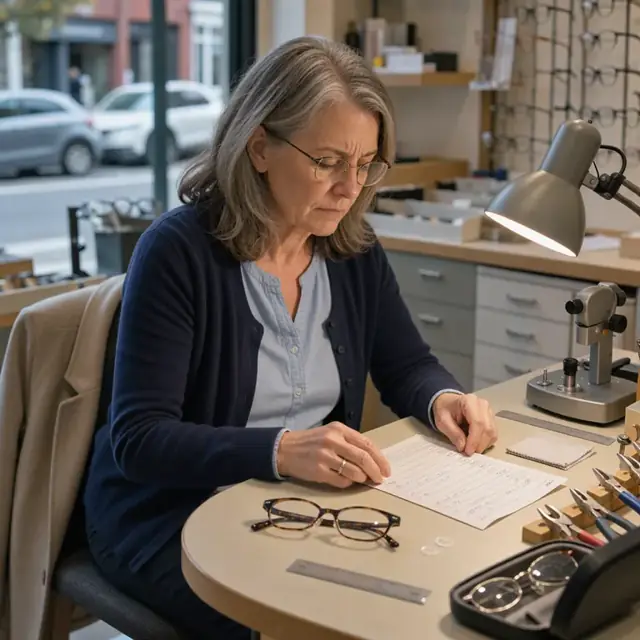 an optician at a dispensing table examining a written prescription form next to a pair of empty eyeglass frames under a task light